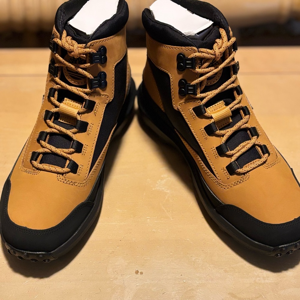 Tan and Black High-Top Hiking Boots with Rubber Soles